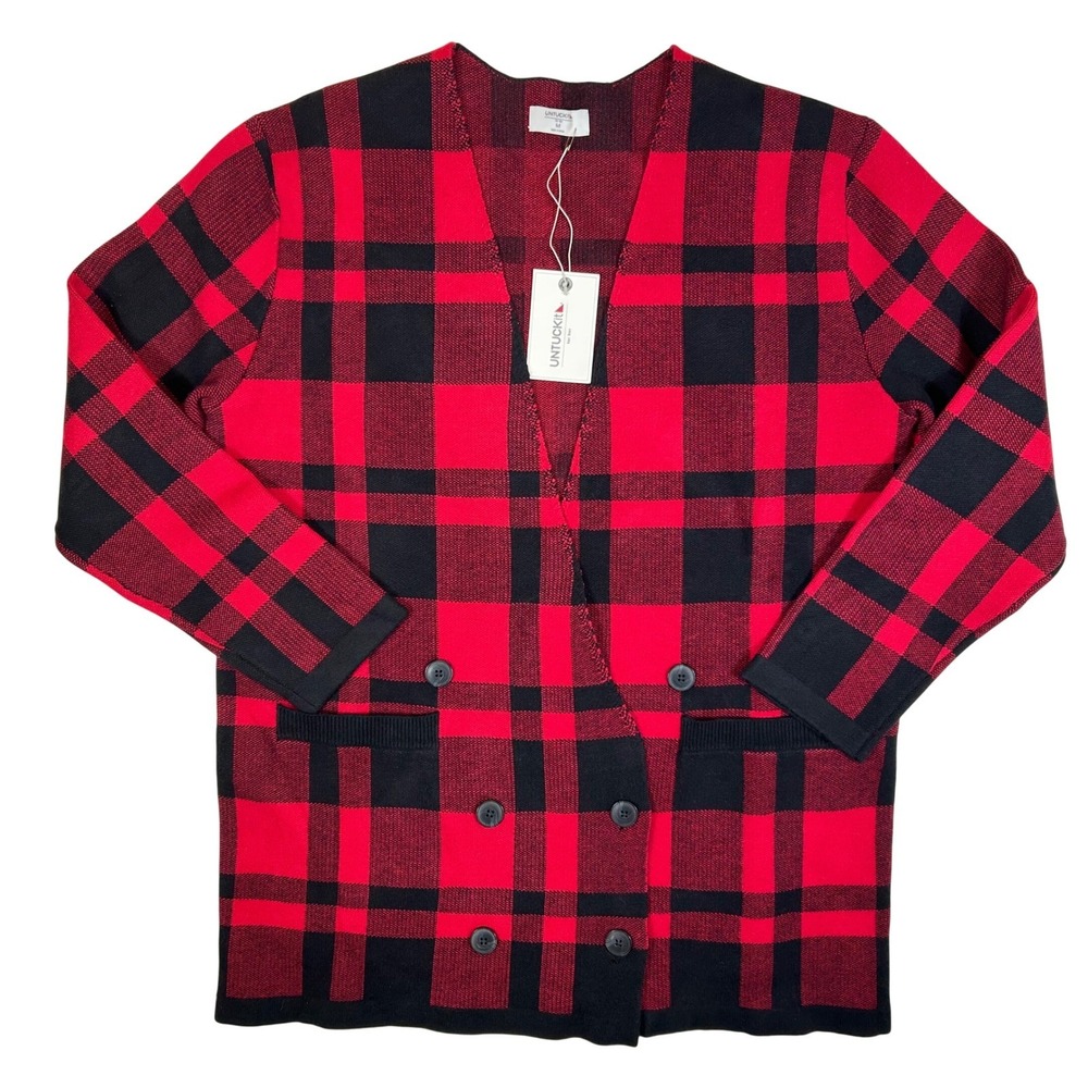 UNTUCKit Chloe Cardigan Women Medium Red Black Buffalo Plaid Double Breasted NWT